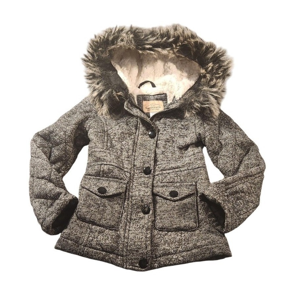Roebuck & Co Jacket Kids Size 4 Gray Quilted Faux Fur Hood‎ Sherpa Lined Winter